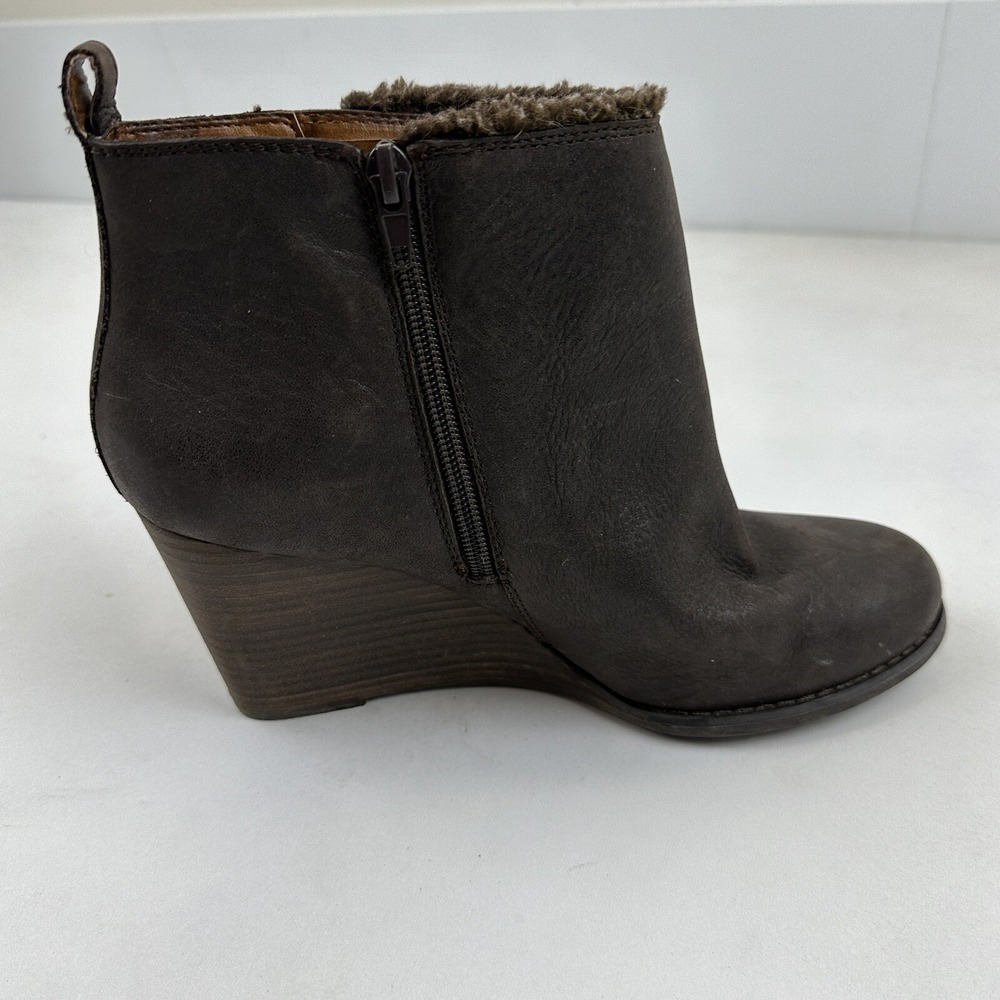 Lucky Brand Yorque Wedge Boots Size 9.5 Brown Leather Faux Fur Lined Side Zip - Picture 6 of 12